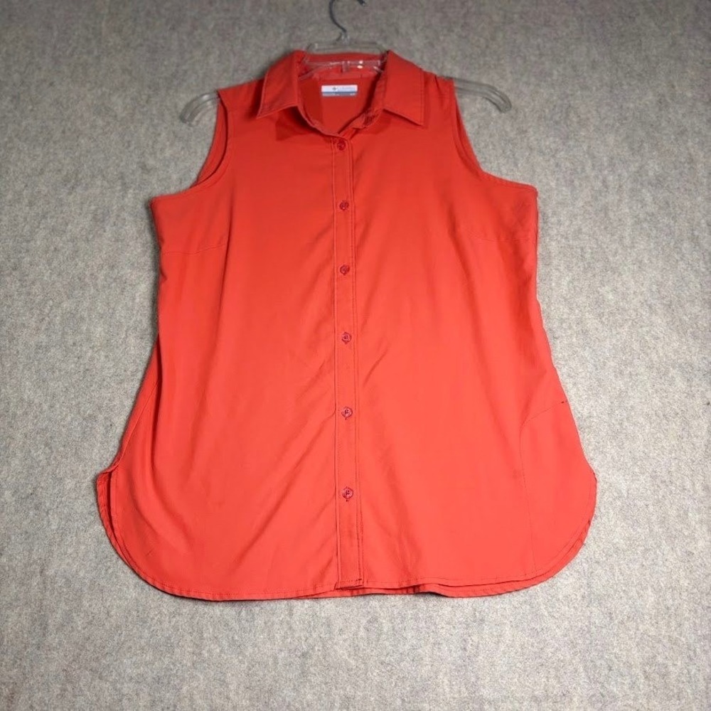 Columbia Shirt Top Womens Small S Orange Polyester Sleeveless Button Up Outdoor